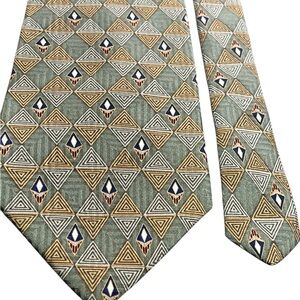 Vintage Woodward 100% Silk Elegant Geometric Patterned Tie in Green and Gold